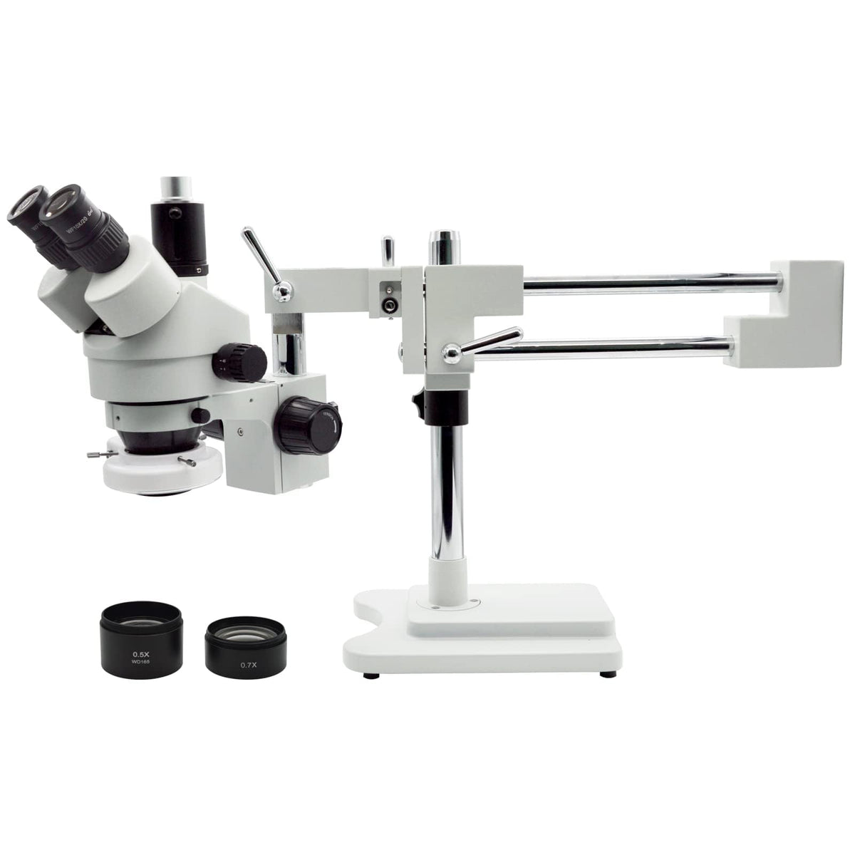 Professional Trinocular Stereo Zoom Microscope, 3.5X-90X Magnification with WF10X Eyepieces, 0.7X-4.5X Zoom Objective and 0.5X & 2.0X Auxiliary Lens, Double-Arm Boom Stand, 56S LED Ring Light