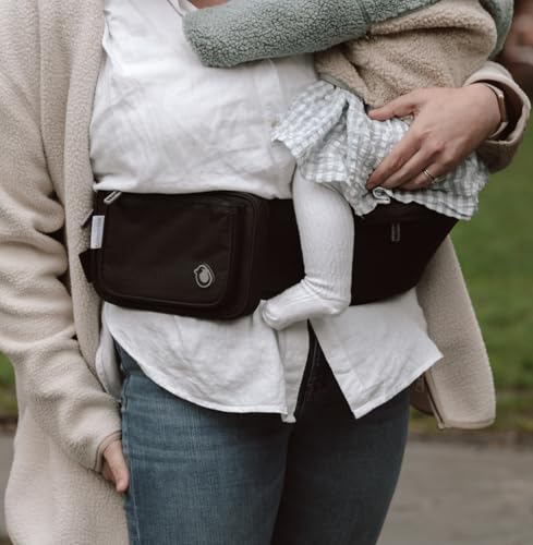 Hippychick Hipseat Baby Carrier, Lightweight Back-Saving Support Waist Stool, Adjustable Strap, Can Carry 6-36 Months Child, Denim Black