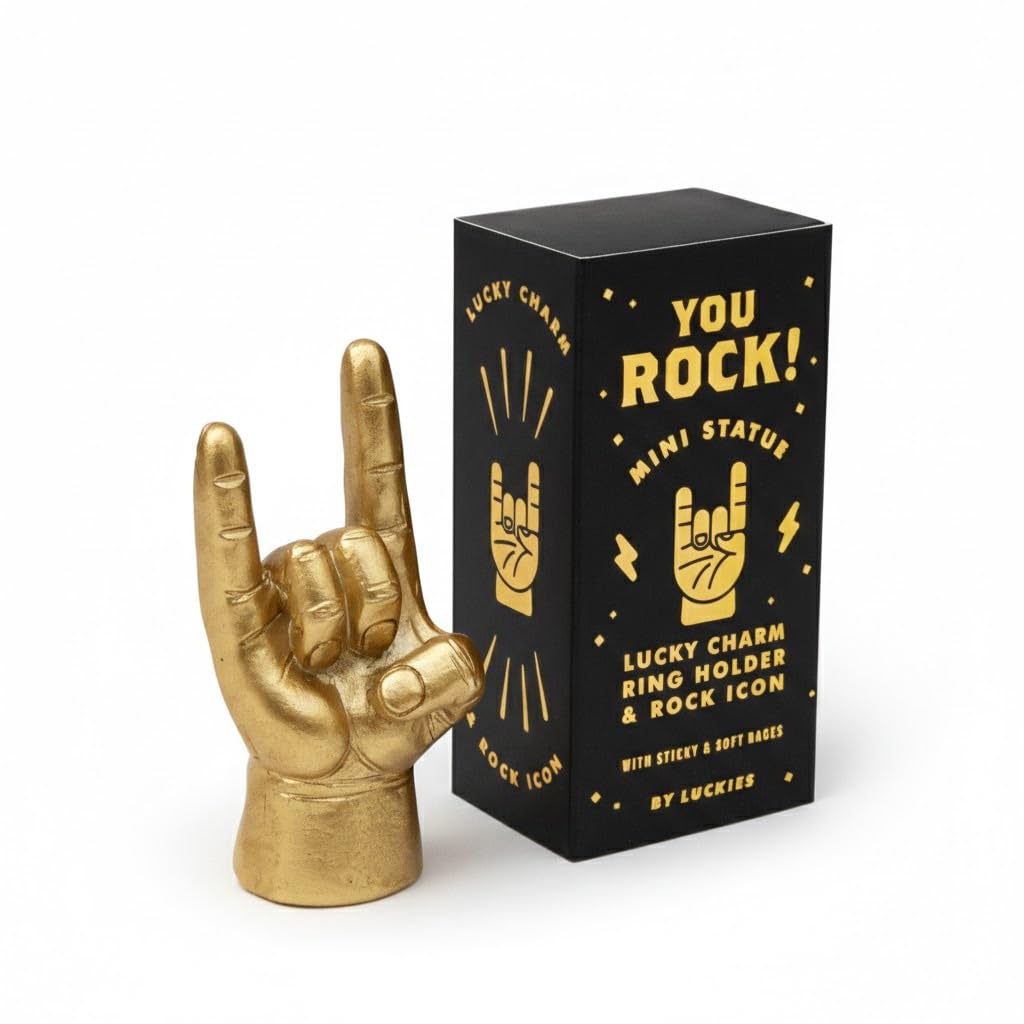 Luckies Hand Desk Decor - Mini Rock On Hands - Rock N Roll Mini Statue - Mens Ring Holder - Gold Hand Decor | Men Desk Accessories - Mens Gold Decor - Hands Office Accessories - Men Key Holder Statue
