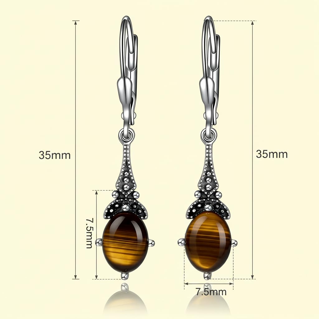 Natural Tiger Eye Earrings 925 Sterling Silver Vintage Retro Leverback Dangle Drop Earrings Birthday Jewelry Gifts for Women