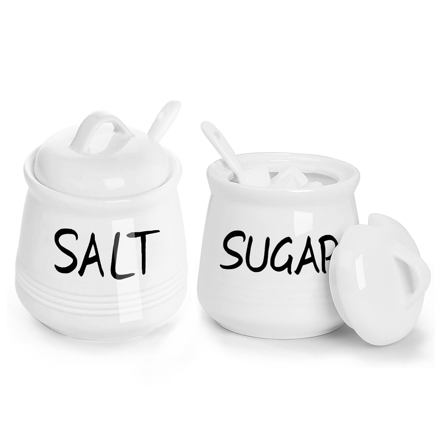 Salt and Sugar Bowls with Lid and Spoon -12 oz Ceramic Salt and Sugar Cellar Set, Salt and Sugar Containers, Spice Box for Counter, Farmhouse Kitchen Decor, White
