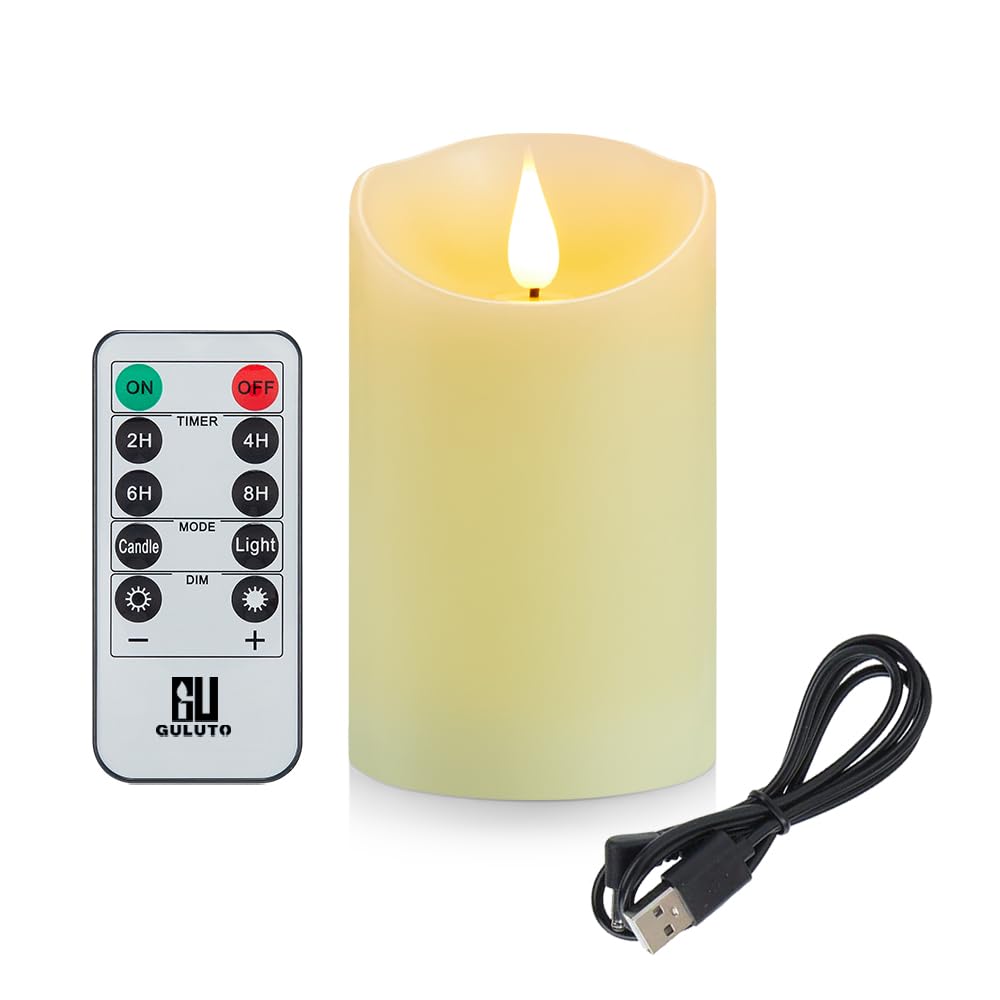 Guluto Flickering Flameless Candles with Rechargeable Battery, Electronic Candles with Remote and Timer, led Pillar Candles Real Wax Wick, led Candles for Home, Wedding, Halloween, Christmas 3" x 6"