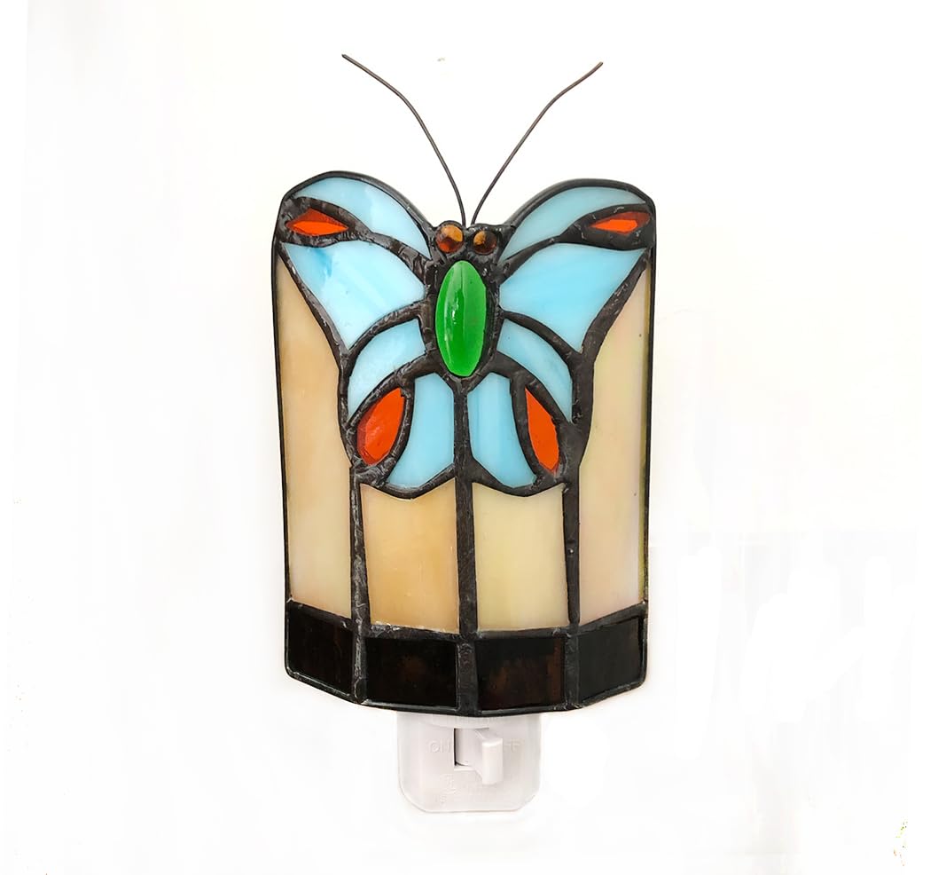 HUIMEIJU Tiffany Butterfly Colored Glass Wall Insert Night Light, Handmade Art Glass Room Light