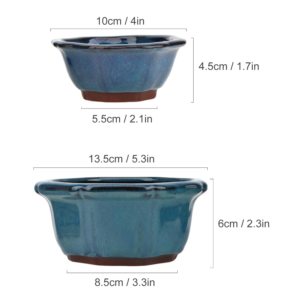 Bonsai Planter Succulent 5" Small Glazed Pots, Value Set of 2 + 4 Soft Mesh Drainage Screens