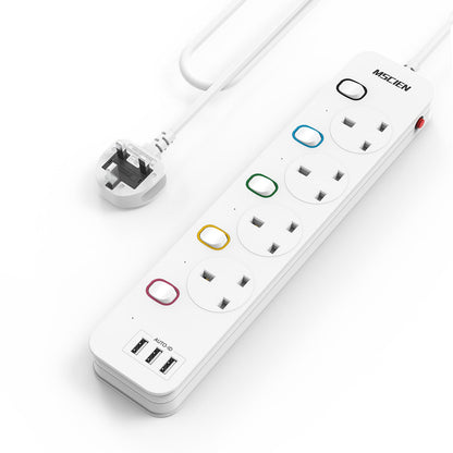 Mscien Extension Lead with USB Slots, 4 Way 3 USB Extension Socket with Individual Switches, Mountable Overload Protection Power Strips, 1.8 Meter Cable, 13A/3250W