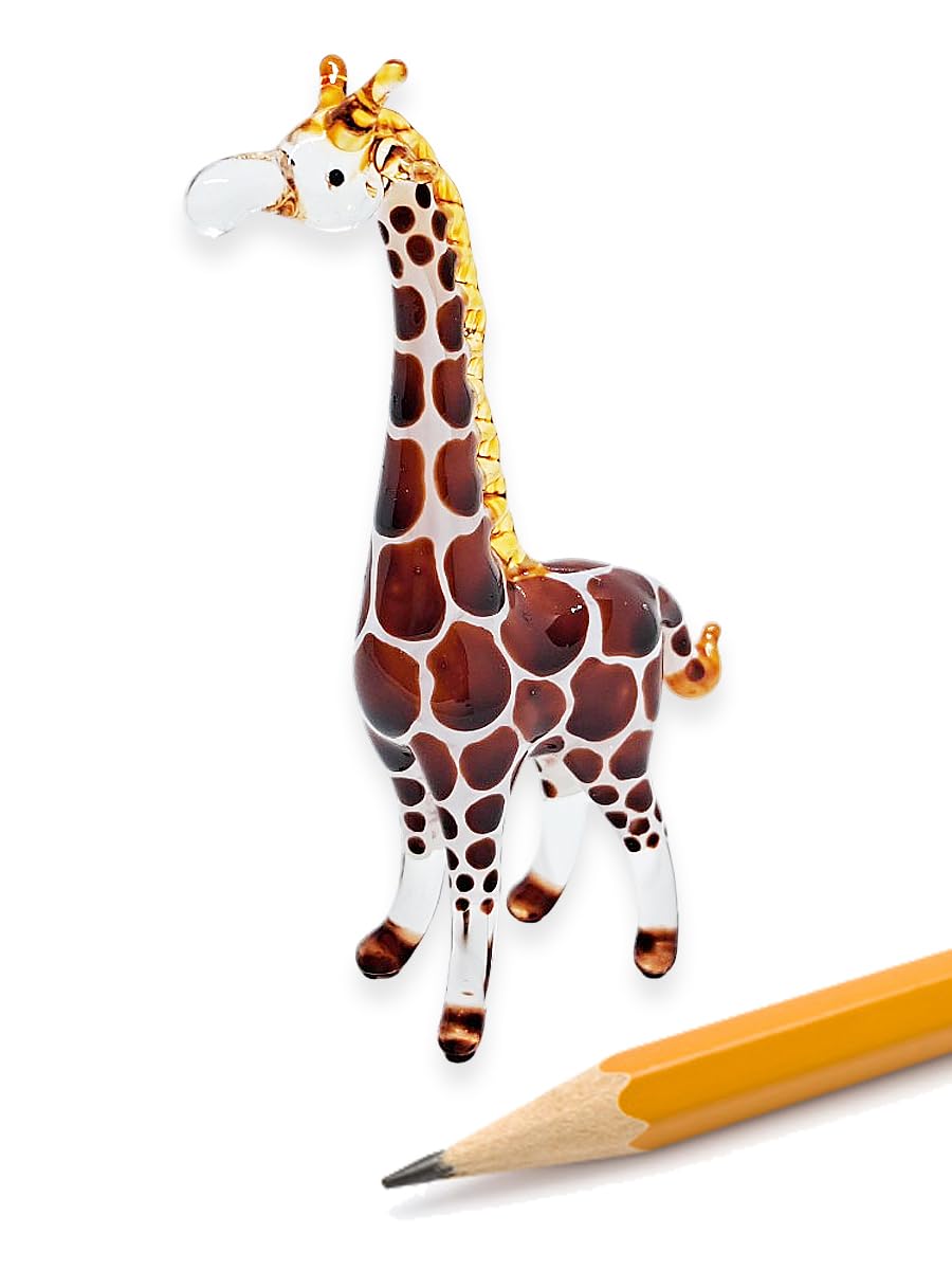 ChangThai Design Tiny 2⅝" High Brown White Giraffe Standing Figurine - Miniature Hand Blown Glass Giraffes Savanna Wildlife Long Neck Tallest Animals Crystal Decorative Collectible Figures Décor Gifts