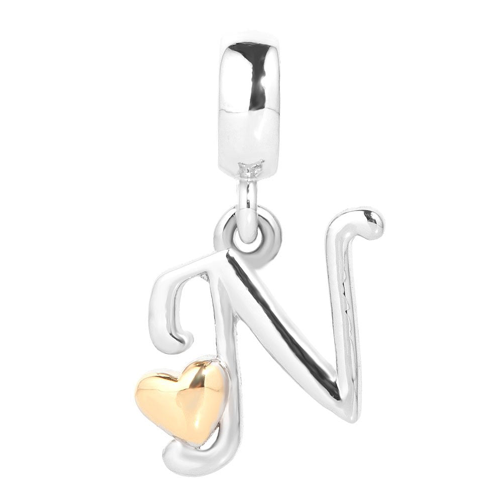 QueenCharms Initial A-Z Letter Charm Golden Heart Alphabet Dangle Beads For Bracelets & Necklaces (N)
