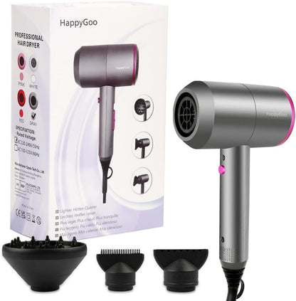 HappyGoo Hair Dryer Professional Ionic Hairdryer with 2 Speed 3 Heat Setting, Cool Shot Button, 1 Diffuser & 2 Concentrator, Hairdryers for Women & Man - Light Gray