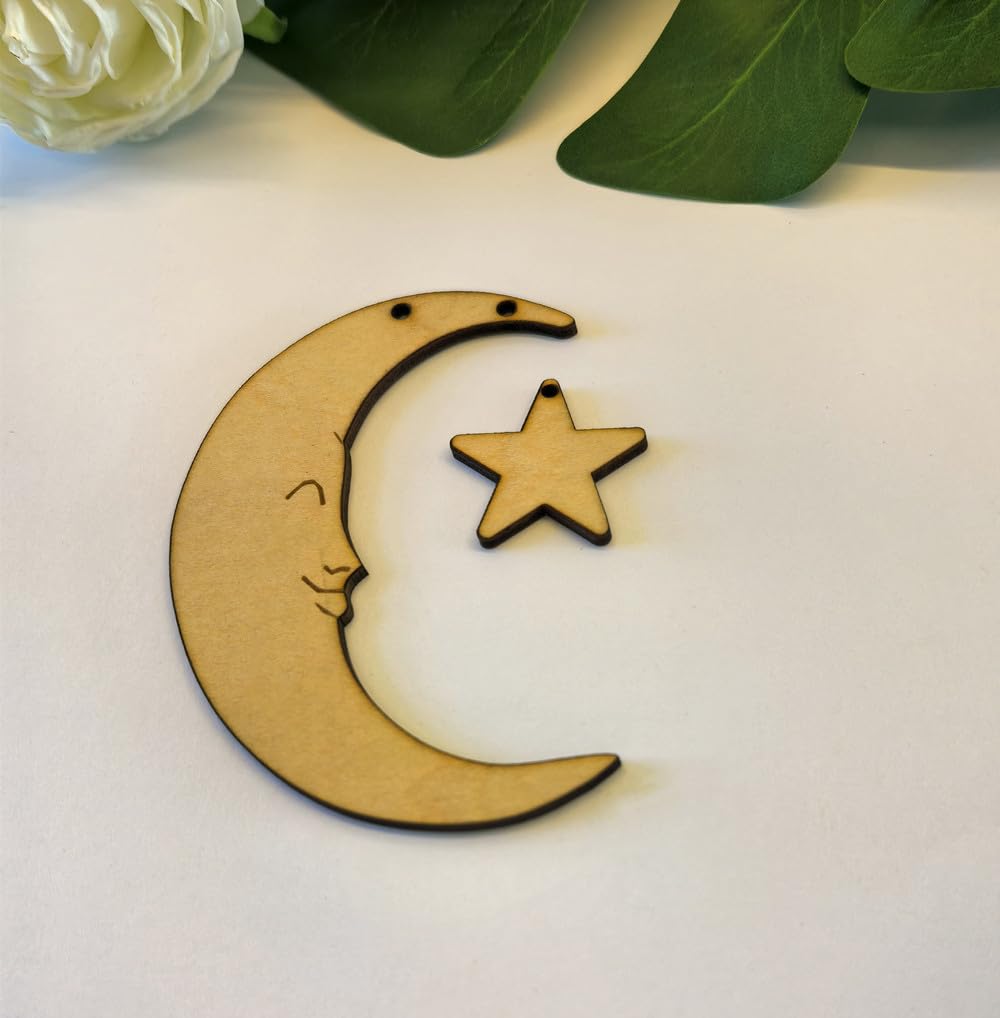 Set of 20 Crescent Moon and Star,Christmas Moon and Star Hanging Ornament for Window &Christmas Tree Decoration (Natural Wood)