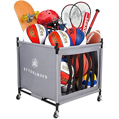 Sttoraboks Sports Ball Storage Cart with Wheels, Lockable Ball Organizer Basket with Elastic Straps, Stackable Ball Cage for Garage Storage, Gym, Sports Equipment Storage Oxford Bin, Black, 1 Pack