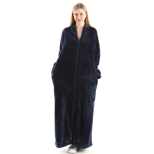 Oksun Womens Plus Size Fleece Dressing Gown Soft Bathrobe Full Length with Zipper, Navy, UK14-20(label XL)