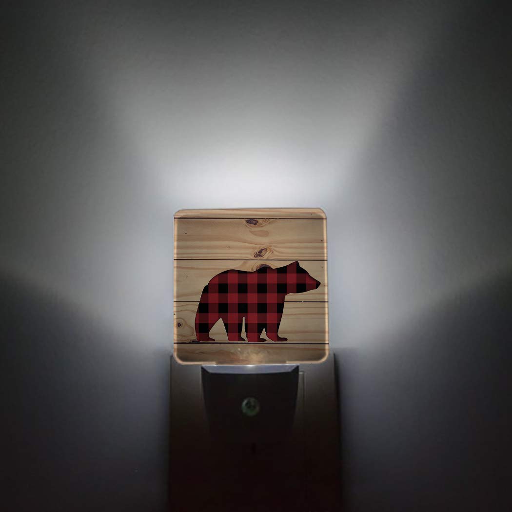 Plug-in LED Night Lights Lamp Buffalo Check Plaid Bear Wood Rustic Printed Auto Dusk-to-Dawn Sensor for Bedroom, Bathroom, Kitchen, Nursery,Hallway,Stairs,Wall Home Decor, Red Black