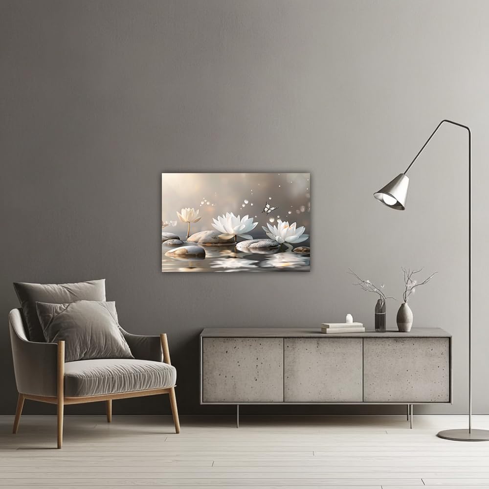 Zen Canvas Wall Art White Lotus Massage Stone on Water Picture Wall Art Meditation Spirit Painting Prints Spa Yoga Room Decor Framed(Zen-5,12x18inch (30x45cm))