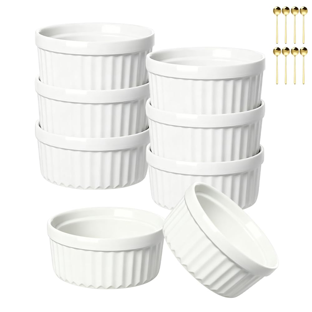 Rreme Brulee Ramekins 6OZ 8-piece Set Includes 8 Gold-Colored Stainless Steel Spoons，Ramekins Oven Safe，Suitable For Pudding Cups Dessert Cups Lce Cream Cup Reusable