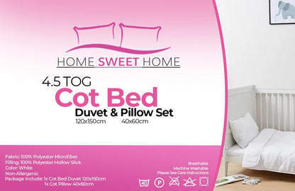 Home Sweet Home UK Toddler Cot Bed Duvet And Pillow Set - 100% Microfiber Anti Allergy 4.5 Tog Junior Baby Duvet And Pillow - Toddler Bedding Cot Bed Set 120 x 150 cm