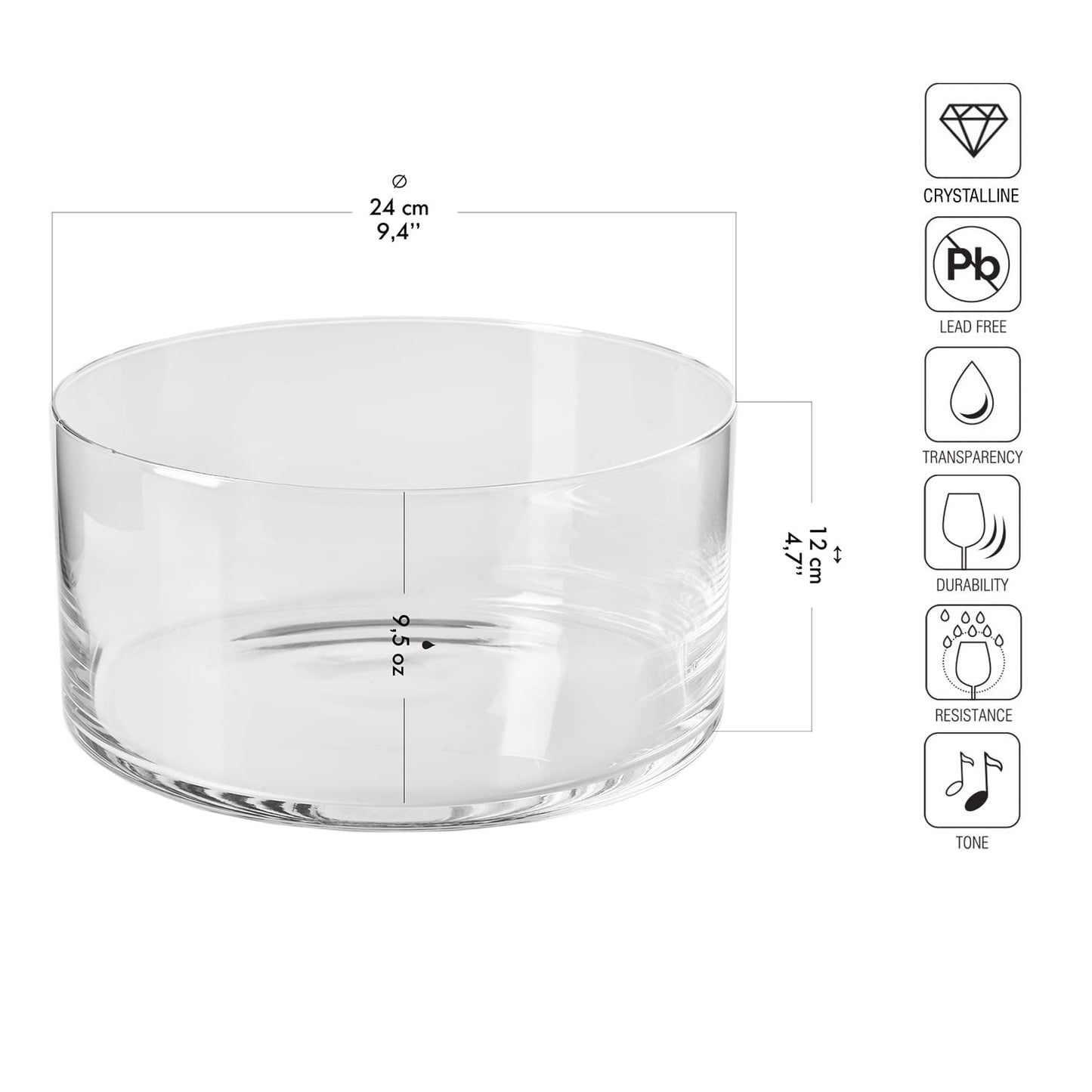 Krosno Decorative & Salad, Fruit Glass Bowl, 9.4", Glamour Collection, Mixing and Serving, Home Restaurants Parties, Fridge Safe, Candle Decoration, Made in Europe