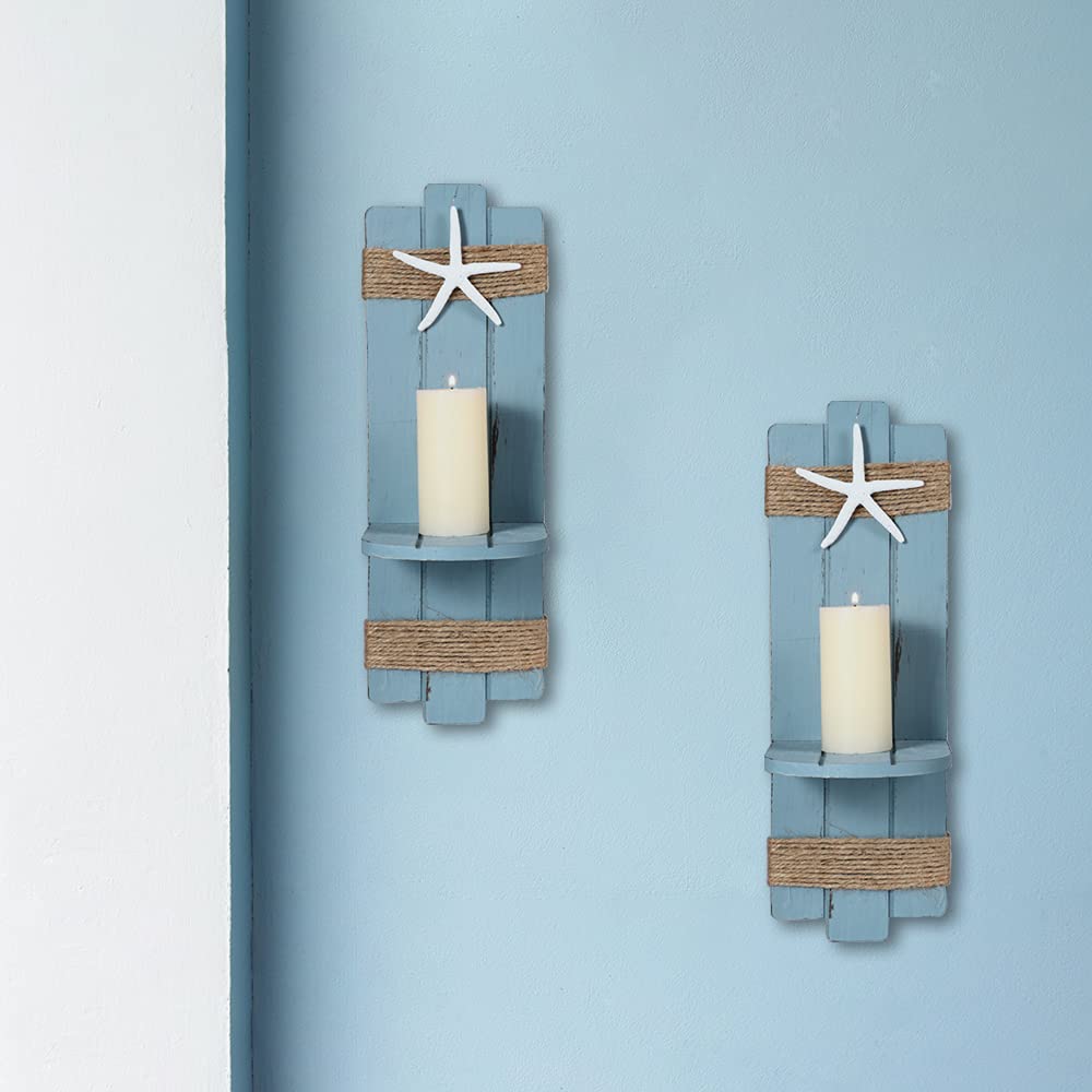 SOMTO Beach Starfish Wall Candle Sconces Decor,Ocean Themed Wall-Mount Candle Holders, Coastal Farmhouse Nautical Rustic Decorations for Bathroom, Living Room, Dining Room and Office, Set of 2