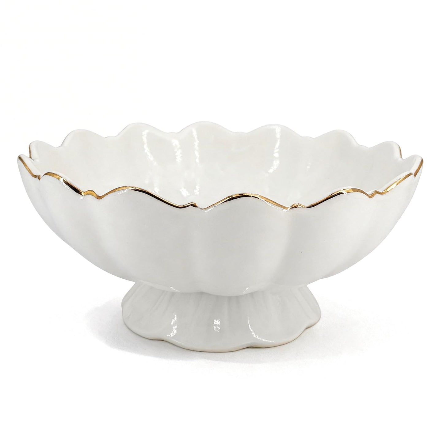 White Small Decorative Bowl 8 Inch Ceramic Key & Fruit Bowl Ruffle Lotus Shape with Gold Rim Candy Bowl, Multi-Use Centerpiece Pedestal Bowls for Kitchen Counter, Coffee Table, Entryway, Wedding