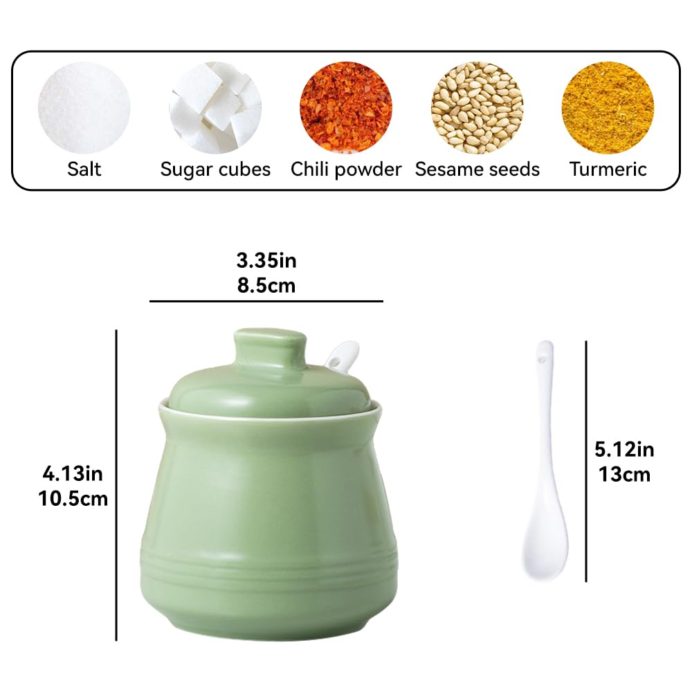 YMYL 2 Pcs Ceramic Sugar Bowls with Lid and Spoon, Farmhouse Seasoning Storage Jar Salt Container for Sugar, Pepper, Coffee, Spice, Salt (Apple Green)