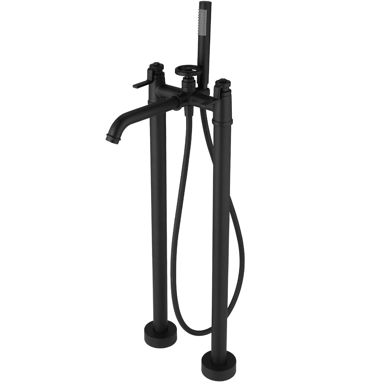 BWE Floor Mount Freestanding Bathtub Faucets Black Solid Brass Single Handle Modern Bathroom Tub Filler High Flow Rate with Handheld Shower Mixer Tap