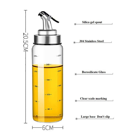 Olive Oil Dispenser Bottle, Liquid Condiment Container, 10 Oz Vinegar Dispensing Cruets With Dripless Capped Spout, Glass Decanter for Kitchen with Degree Scale