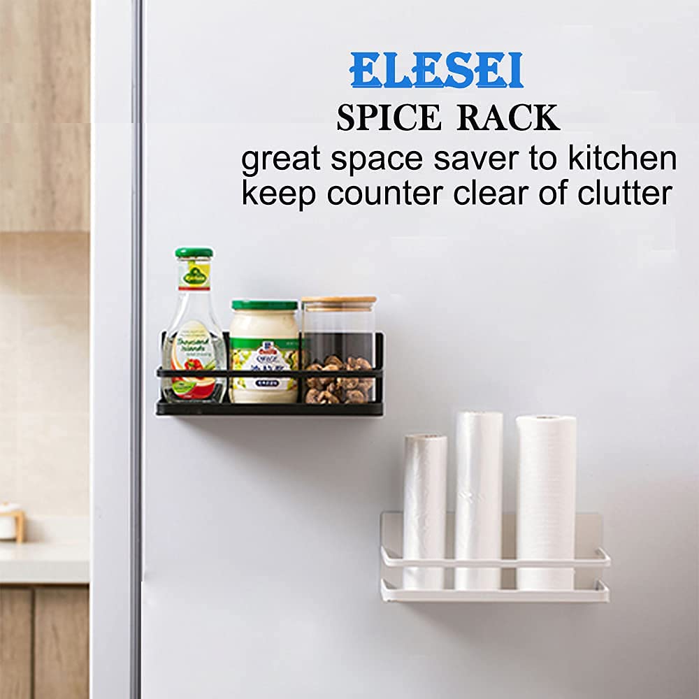 ELESEI Magnetic Spice Rack Refrigerator Side Magnetic Spice Rack Kitchen Magnetic Shelf Magnetic Fridge Shelf Perfect Space Saver for Kitchen/Apartment 2 Pack (Black)