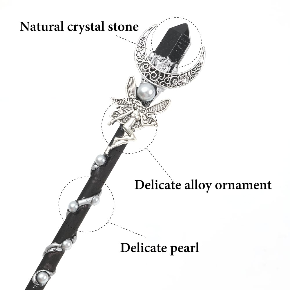 Bubbmi Black Crystal Magic Wand, Gemstone Moon Wizard Party Cosplay Accessories Sorcerer Collection Witchcraft Props with Gift Box(black4)