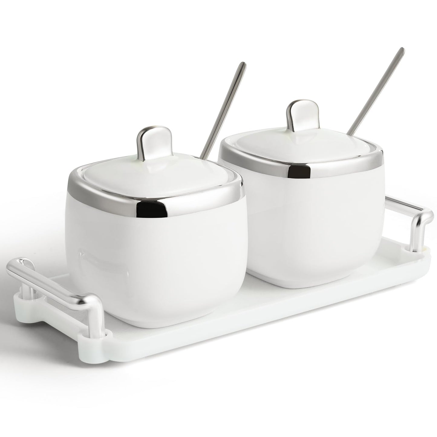 EABOSON Ceramic Sugar Bowl 2 Pack, Porcelain Seasoning Jar with Tray, Spoon and Lid for Sugar, Pepper, Coffee, Spice, Salt (silver)