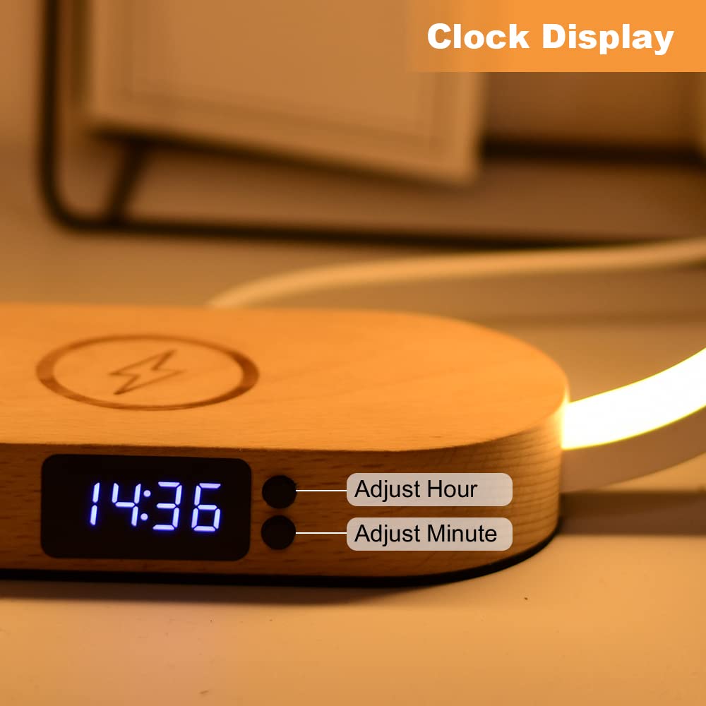 Donewin Bedside Lamp with Wireless Charger,Wooden Table Lamp with Charging Station,Touch Nightstand Lamp with Clock,3 Color Stepless Dimming Touch Lamp for Bedroom,Unique Gifts for Women