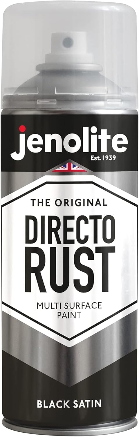JENOLITE Directorust Spray Paint Satin Finish | BLACK | 400ml | Direct To Rust Spray Paint For Metal | All-In-One Multi Surface Paint for Metal, Wood, Plastic, Ceramic | RAL 9005
