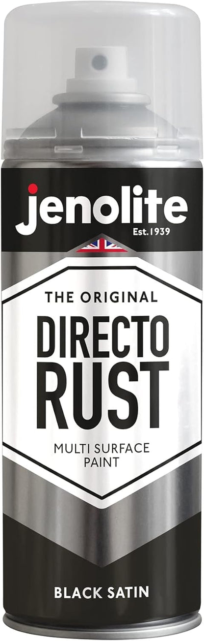 JENOLITE Directorust Spray Paint Satin Finish | BLACK | 400ml | Direct To Rust Spray Paint For Metal | All-In-One Multi Surface Paint for Metal, Wood, Plastic, Ceramic | RAL 9005
