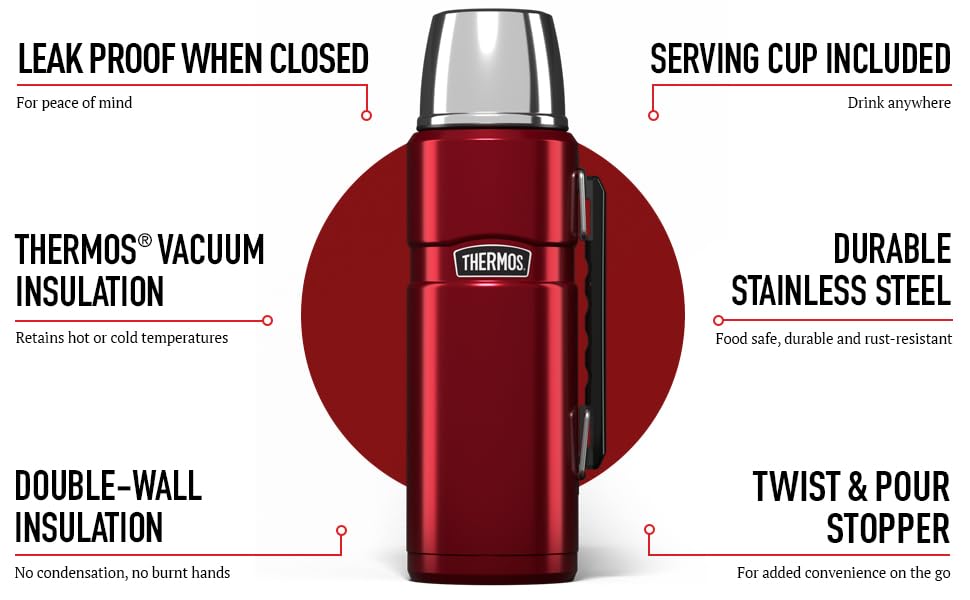 Thermos - Stainless King Red Travel Flask (1.2L) - Premium Leak Proof Insulated Tea & Coffee Flask for Hot & Cold Drinks, Built-in Cup, Twist-Pour Stopper, BPA-Free, Durable Steel