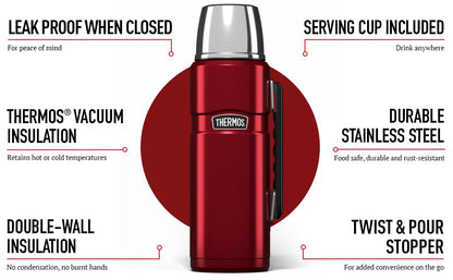 Thermos - Stainless King Red Travel Flask (1.2L) - Premium Leak Proof Insulated Tea & Coffee Flask for Hot & Cold Drinks, Built-in Cup, Twist-Pour Stopper, BPA-Free, Durable Steel
