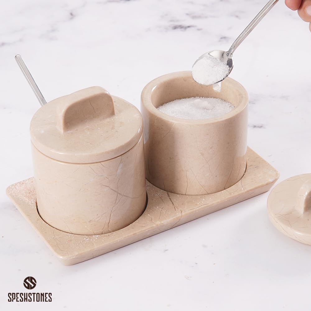 SPESHSTONES Marble Salt Cellar Beige 4 Inch Salt Jar with Lid, Table Salt Containers for Countertop, Salt Dish, Salt Holder, Spice Jars, Sugar Bowl, Seasoning Container Set of 2, Salt Dispenser