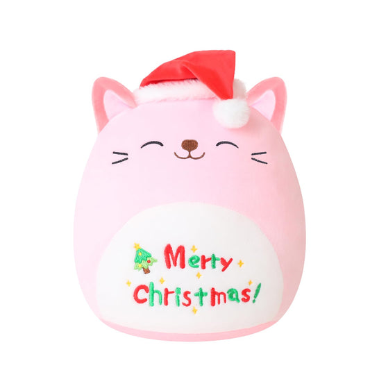 SQEQE Christmas Cat Stuffed Animal Pink Cat Plush Wearing Red Hat Kawaii Plushie Toys Soft Home Plushie Decoration Gifts for Boys Girls (Caticorn, 10 Inch)