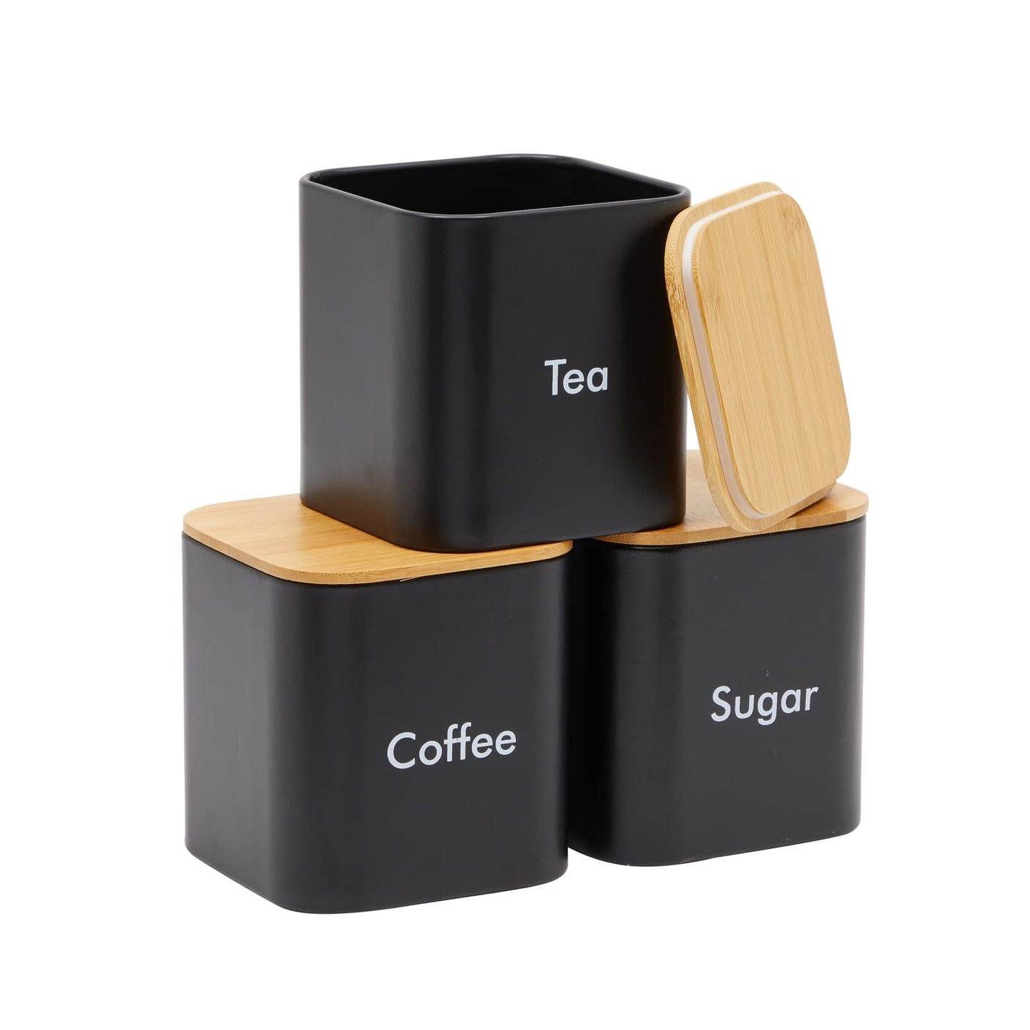Juvale Coffee Tea Sugar Container Set - Black Iron Square, 3 Pack, 48 oz Each - Coffee Bean Storage & Sugar Storage - Countertop Kitchen Canisters with Tight Seal Lids