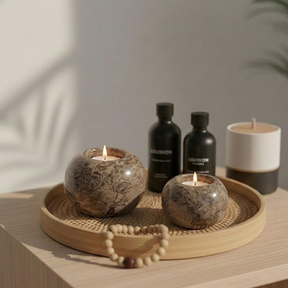 Radicaln Marble Tealight Candle Holder 4" Inch Oceanic Handmade Set of 3 Mini Candle Holders for Dining, Decorative Votive Candle Holder & Marble Taper Holder for Home Decor