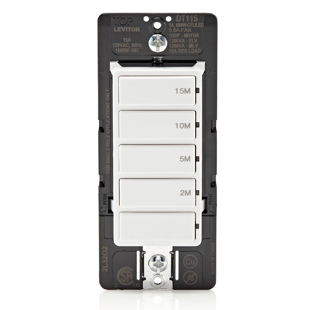 Leviton Countdown Timer Switch for bathroom fan and household lights, 5-10-15-30 min, No Neutral Required, Single Pole, 15A, 1/2 HP/9.8A Fan/Motor, DT130-1LW, White