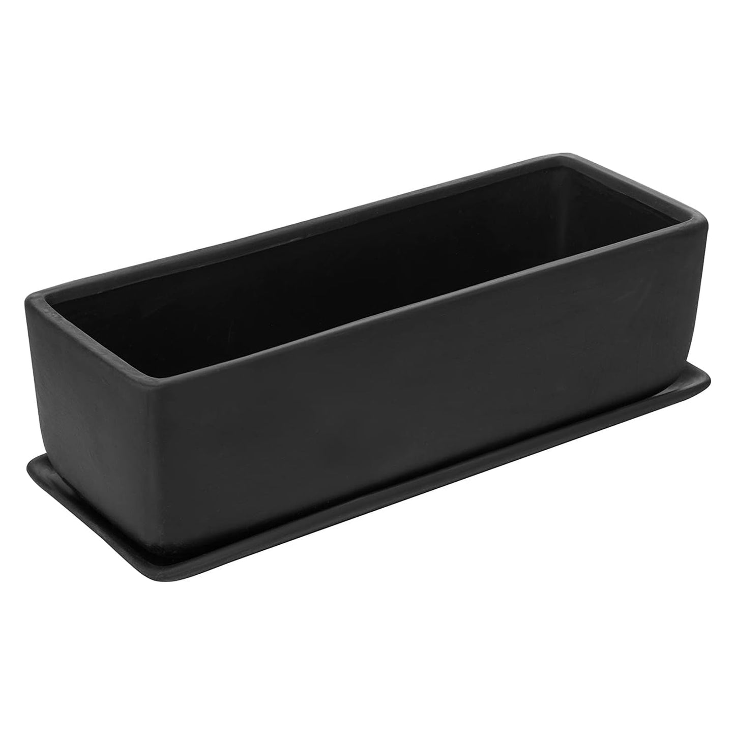 MyGift 14 Inch Ceramic Indoor Plant Pot, Rectangular Succulent Planter, Decorative Flower Planter with Drainage Hole and Removable Tray, Matte Black