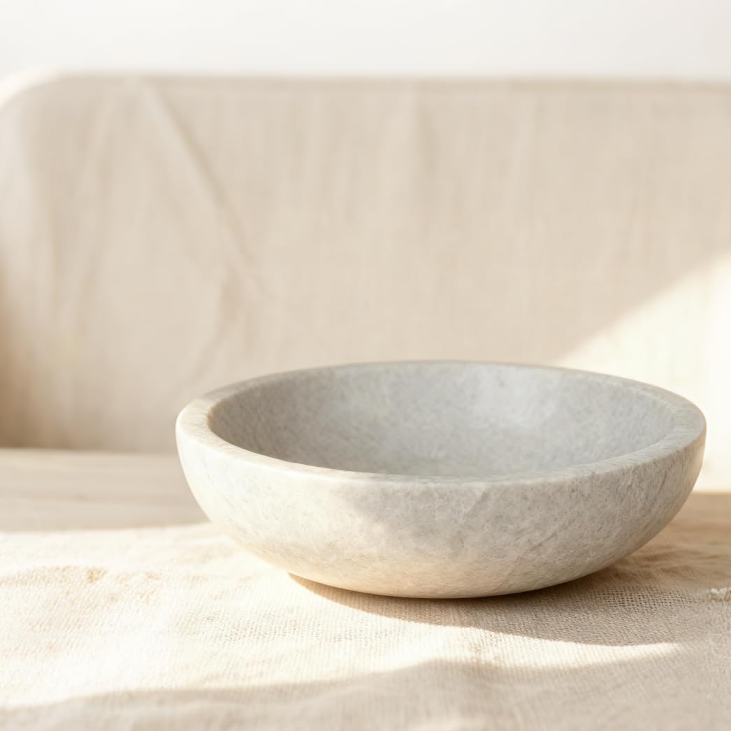 YeasHome White Travertine Bowl, 7.8" Natural Stone Centerpiece for Minimalist Home Decor, Handmade Spa Style Fruit Bowl, Zen Meditation Bowl, Pure Tabletop Sculpture
