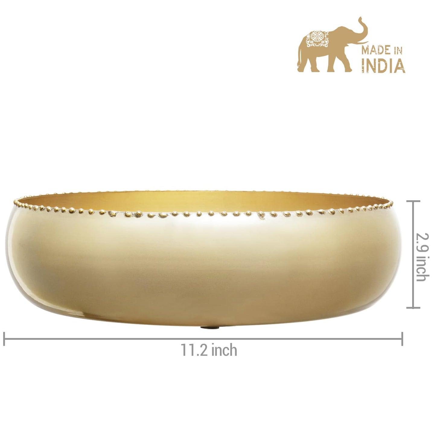 MyGift 11-inch Shiny Brass Toned Metal Round Planter Bowl with Pebbled Rim, Shallow Bowl Succulent Pot - Handcrafted in India