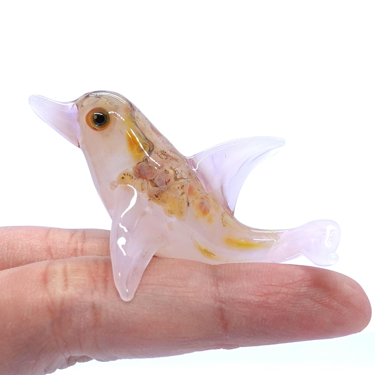 Sansukjai Dolphin Miniature Tiny Hand Blown Glass Art Figurines Sea Animals Ocean Collectible Gift Home Décor (Marble Orange Pink)