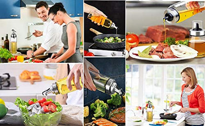 Olive Oil Dispenser Bottle, Liquid Condiment Container, 10 Oz Vinegar Dispensing Cruets With Dripless Capped Spout, Glass Decanter for Kitchen with Degree Scale