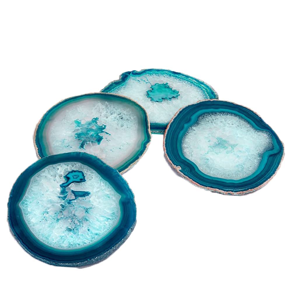 AMOYSTONE Teal Agate Coasters for Drinks - Set of 4 Geode Crystal Quartz Rock Slices With Rubber Bumpers 3-3.5"