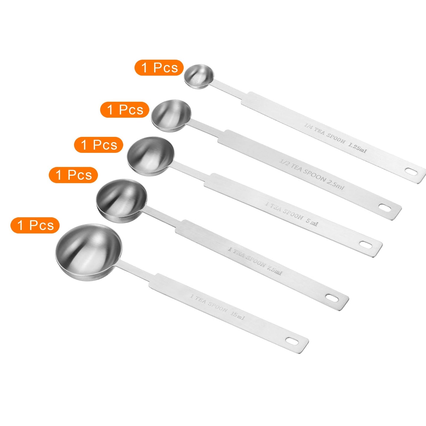 HARFINGTON 5pcs Single Measuring Spoon Set 1/4 1/2 1 1.5 3tsp (1.25/2.5/5/7.5/15ml) Teaspoon/Tablespoon 430 Stainless Steel Single Tiny Square Bowl Measure Spoon Long Handle Measure Scoop