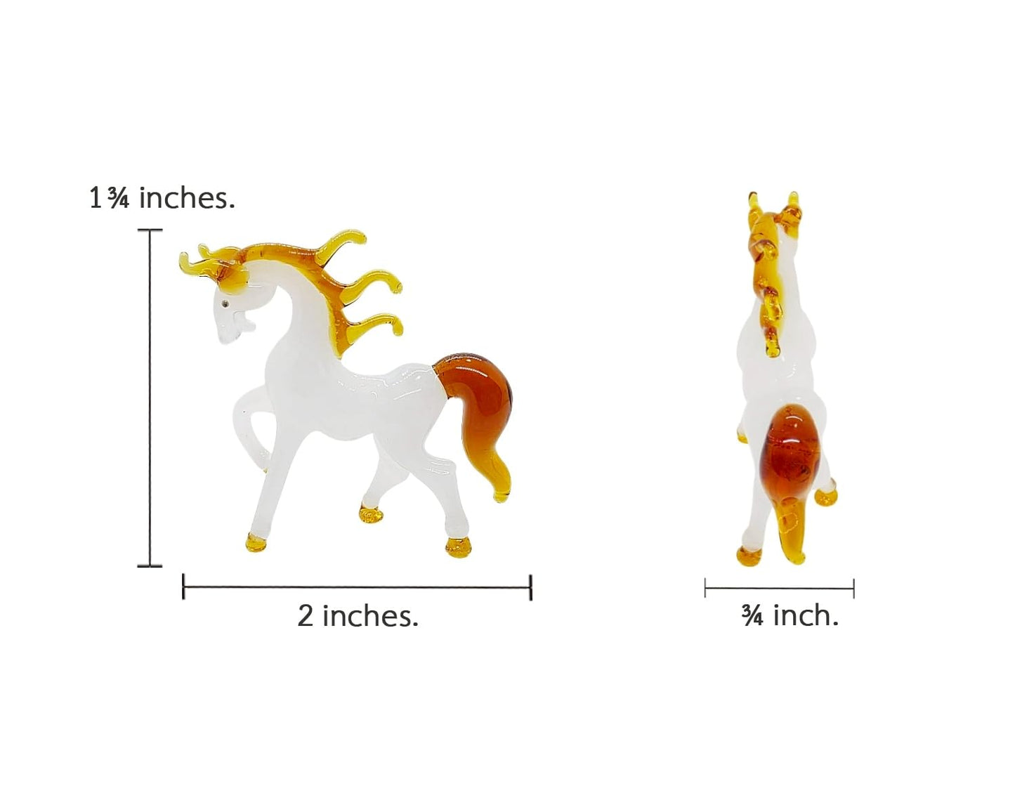WitnyStore Tiny 1¾" High White Brown Walking Horse Figurine - Miniature Hand Blown Painted Glass Horses Stallion Mare Foal Pony Small Crystal Animals Decorative Collectible Figures Décor Gifts