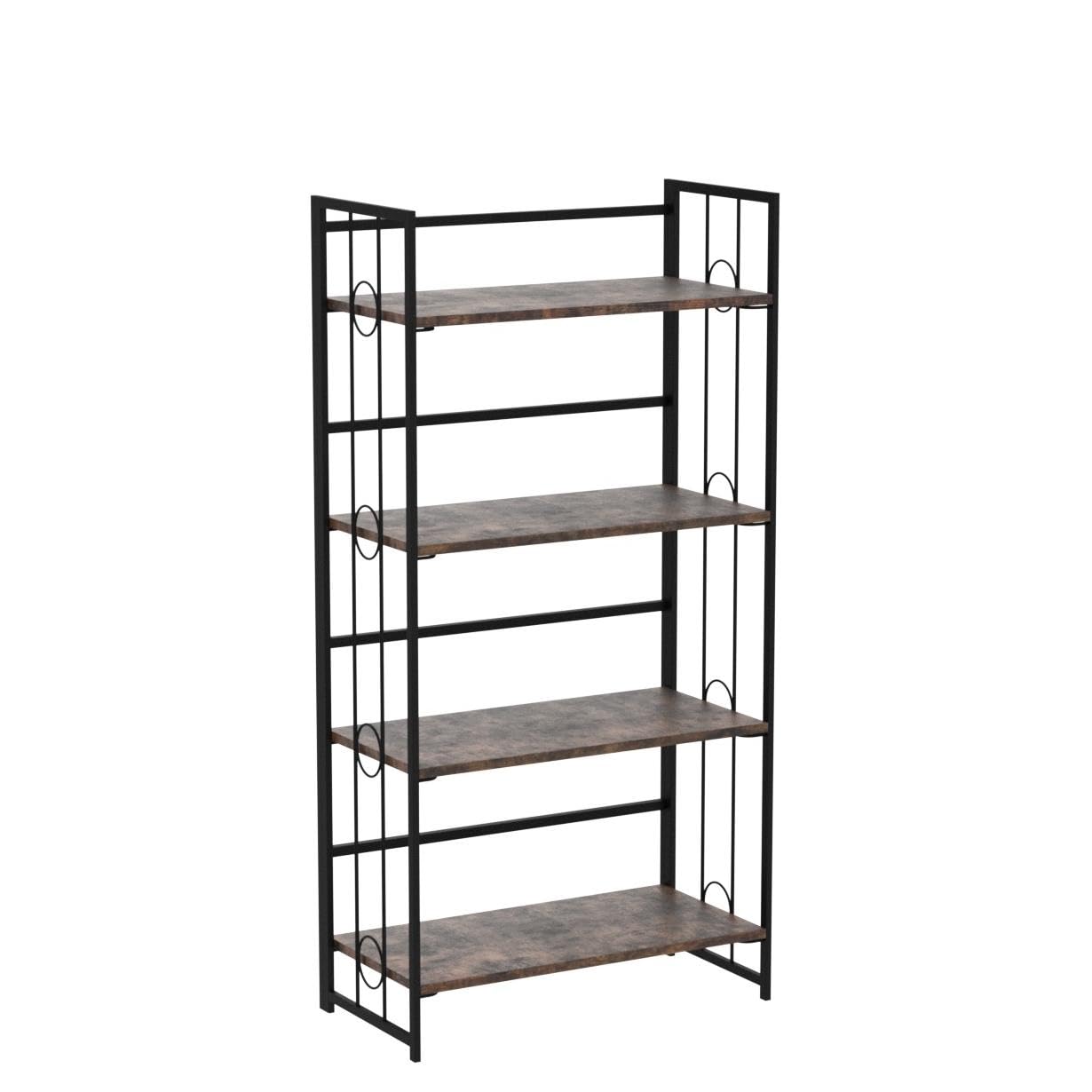 4NM No Assembly 4 Tiers Folding Bookshelf, 47.2" H Foldable Storage Shelves Vintage Bookcase Standing Racks Study Organizer Home Office - Rustic Brown Black