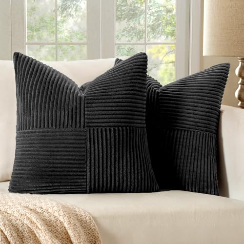 MIULEE Black Corduroy Pillow Covers Pack of 2 Boho Decorative Spliced Throw Pillow Covers Soft Couch Pillowcases Cross Patchwork Textured Cushion Covers for Living Room Bed Sofa 18x18 inch