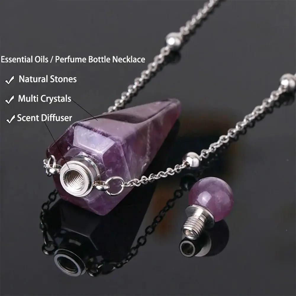 925 Sterling Silver Essential Oil Necklace For Women And Men, Natural Crystal Stone Cone Shape Pendant Necklace Healing Perfume Bottle Necklace Essential Oil Pendant Necklace (3 - Essential Oil Necklace)