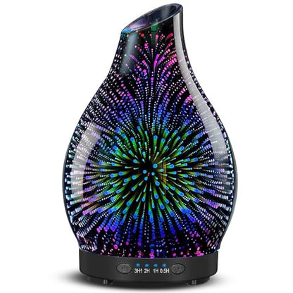 120ML Essential Oil Diffuser, 3D Glass Aromatherapy Diffuser with Auto Shut-Off and 7 Color LED Lights, Ultrasonic Mist Humidifier with 4 Timer for Home Office Bedroom (3D Fireworks)